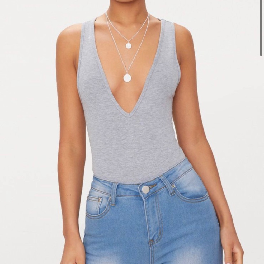 Grey Plunging V neck Bodysuit PrettyLittleThing